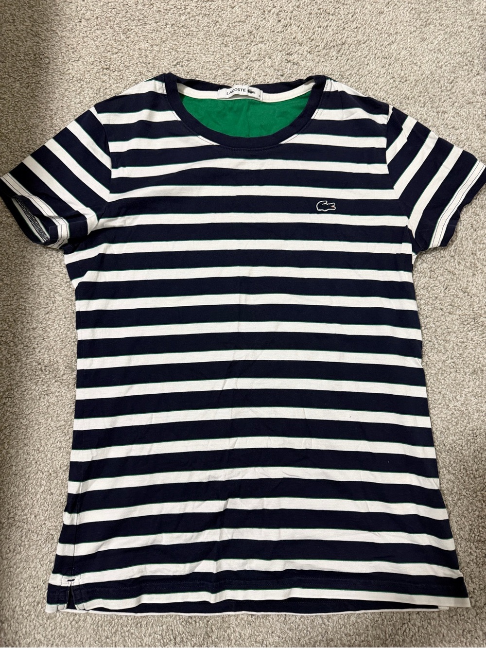 Lacoste Women's Navy & White Striped Round Neck Shirt